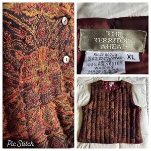 Vtg Territory Ahead Quilted Wool Tapestry Vest Women XL Paisley Earthy Boho Chic